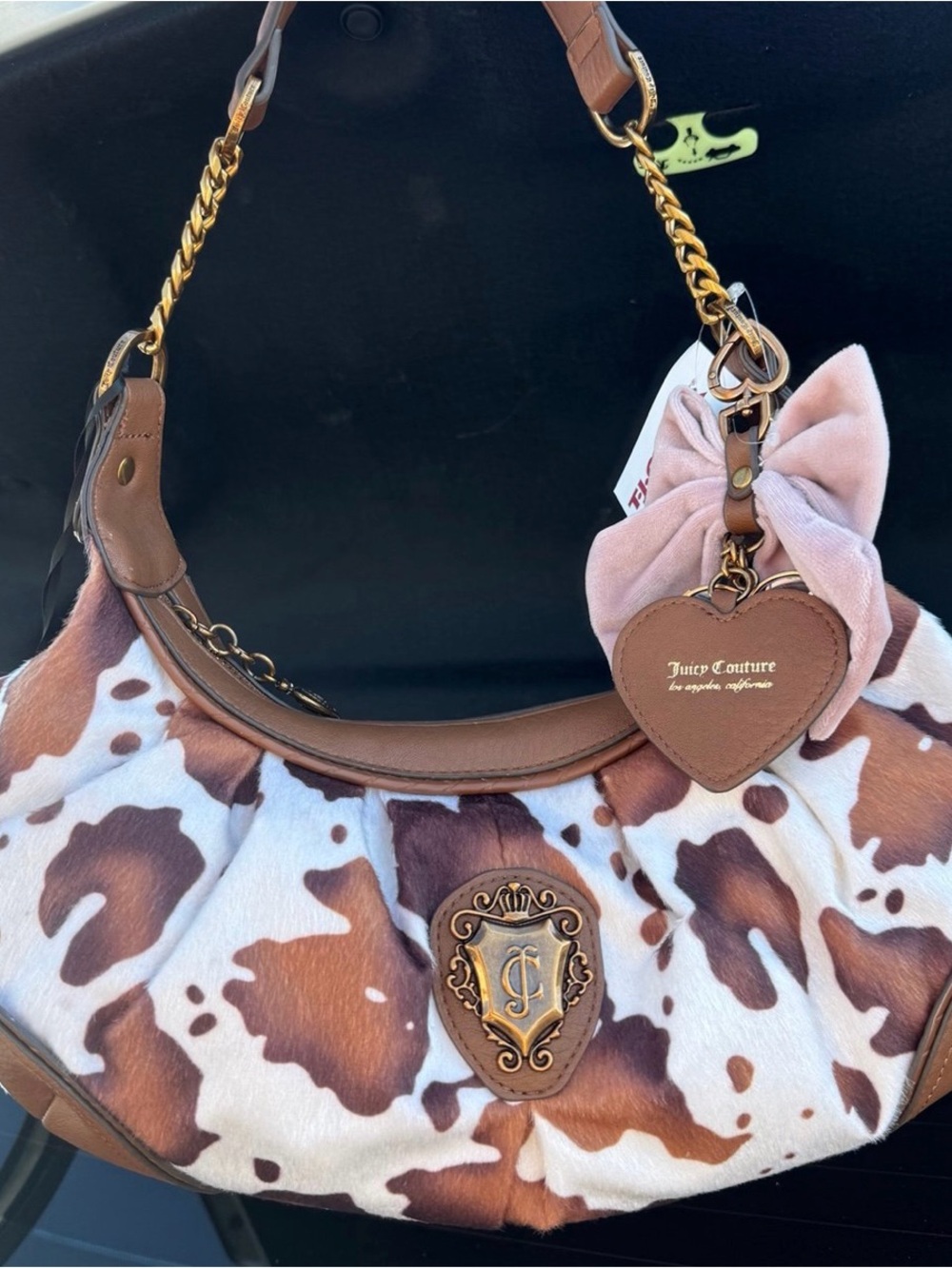 Juicy Couture Brown and White Cow Print Hobo with Heart Charm